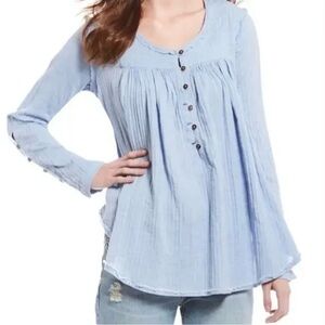 Free People NEW Sand Dune Henley Textured Blue Swing Top Bohemian Indie Size S